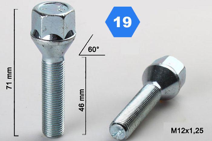 M12x1,25, Verlengde wielbout conisch, Draadlengte 46mm, SW 19